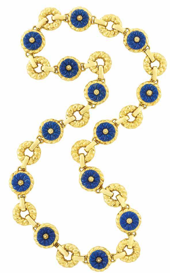 227 226 228 225 229 225 Gold and Fluted Lapis Necklace omposed of hammered bombé circle links alternating with fluted links centering carved lapis flowers with fluted domed gold plaques,