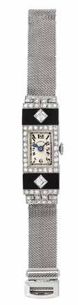 with old European and single-cut diamonds, supporting a ten strand fringe of pearls, circa 1915. Length 33 inches. $2,000-3,000 310 Art Deco Platinum, Diamond and Black Onyx Wristwatch, Tiffany & o.