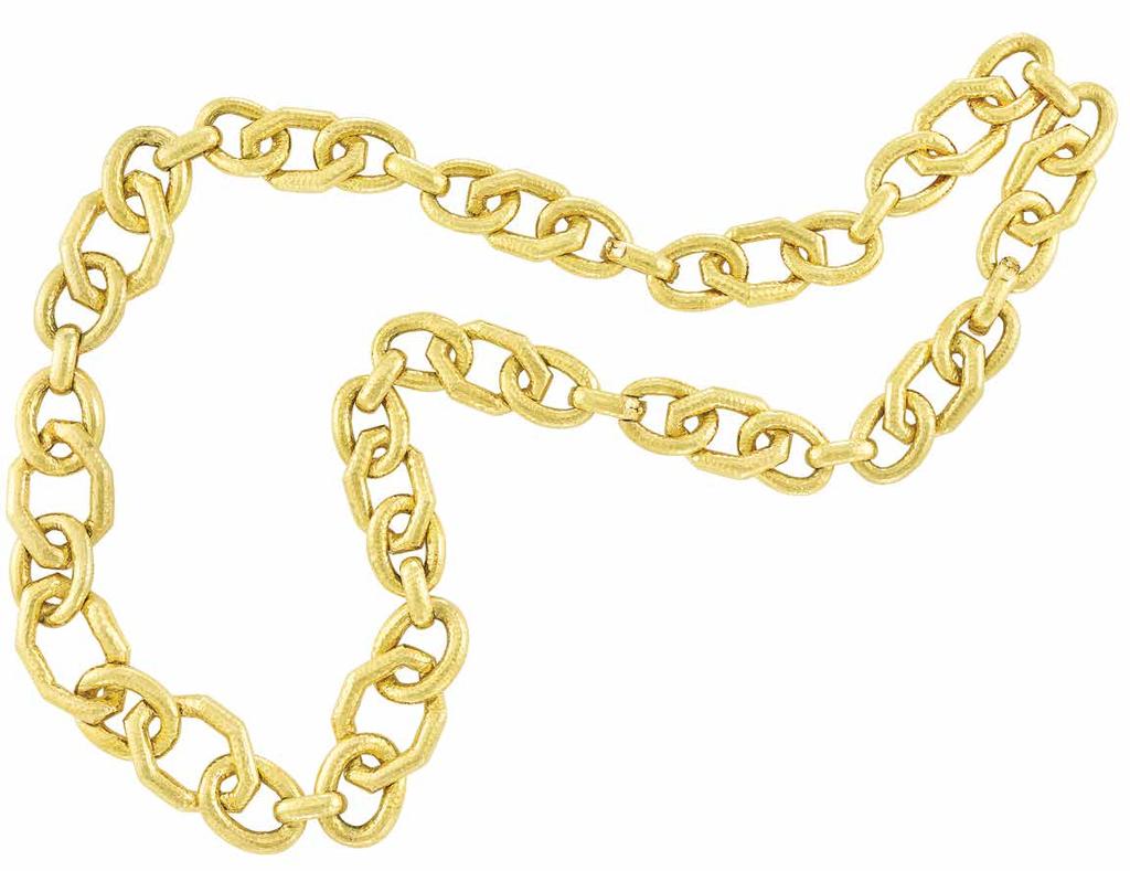 344 343 343 side view 342 342 Hammered Gold Link Necklace, David Webb 18 kt., composed of oval and octagonal links, signed Webb, approximately 187.4 dwts. Lengths 34, 29 and 21 1/4 inches, adjustable.