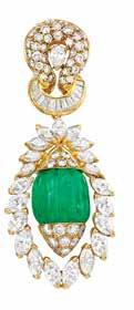 2 fluted emeralds approximately 11.6 x 12.4 x 13.4 mm., flanked by pavé-set diamonds, altogether approximately 11.75 cts., signed Emis, approximately 26.4 dwts. gross.