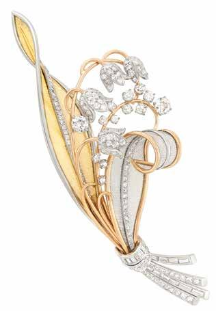 354 352 353 355 351 351 Tricolor Gold and Diamond Mesh Brooch 18 kt.