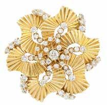 363 Gold and Diamond Flower lip-brooch The overlapping ribbed petals centering one round diamond approximately.45 ct.