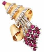 368 371 369 372 370 368 Rose Gold, Platinum, abochon Ruby and Diamond ornucopia lip 18 kt., the stepped rose gold horn wrapped in platinum bands of 32 round and single-cut diamonds approximately 1.