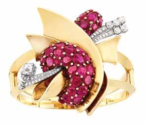 , accented by one round cabochon ruby, filled with four diamond-set platinum stems tipped by clusters of round and oval cabochon rubies, accented by collet-set single-cut diamonds, circa 1940,