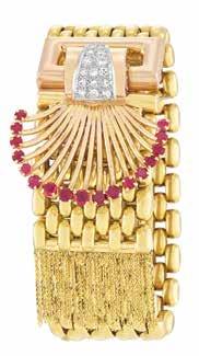 $4,000-6,000 374 Two-olor Gold, Platinum, Ruby and Diamond Fringe Bracelet, Marchak, Paris 18 kt.