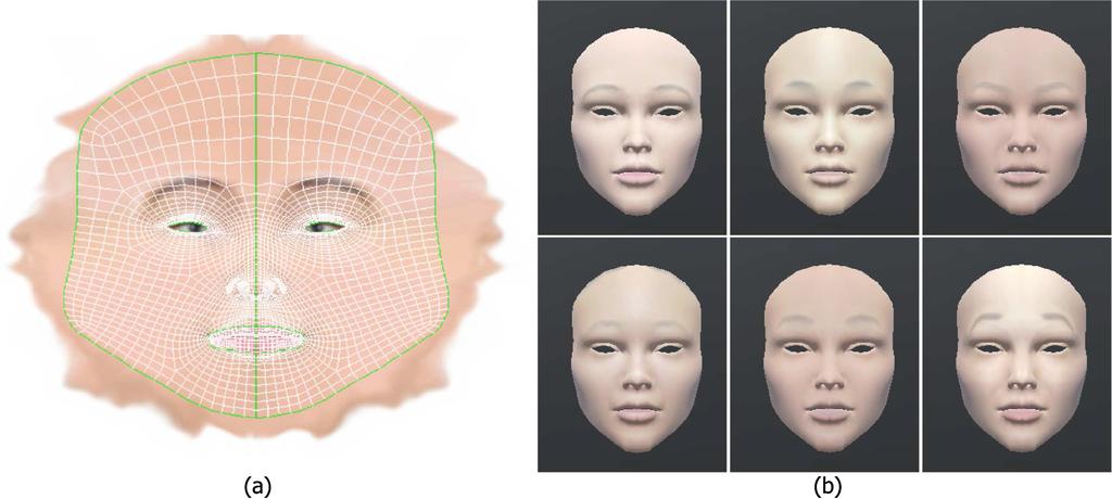 618 B. Treepong et al. Fig. 3. (a) The captured image was mapped on the unwrapped uv texture, and (b) The mapping result of images that are captured form six subjects. 3.1 Face Tracking and UV Mapping At the beginning, a 3D model of the human face is created in an Autodesk 3ds Max software.