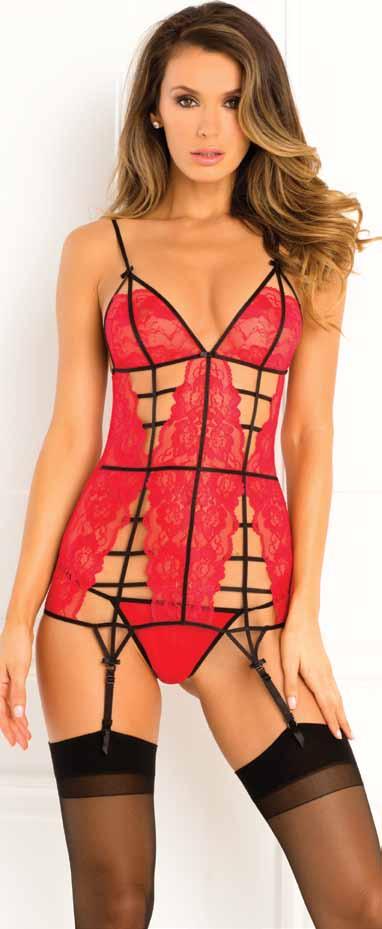 512128-BLK 2pc Caged Lace Garter Chemise Set *Thigh high not included 512128-RED 2pc Caged Lace Garter Chemise