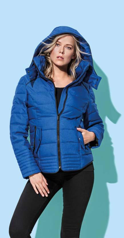 side seams, small size label in the collar, care label in the side seam, dry cleaning WOMEN excellent heat insulation, water-resistant, wind repellent, thick polyester filling, detachable scuba hood