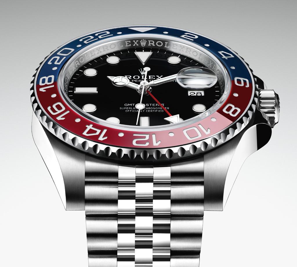 THE COSMOPOLITAN WATC H Rolex is extending its GMT-Master II range with a new version in Oystersteel, equipped with a bi - directional rotatable bezel and a 24-hour graduated two-colour Cerachrom