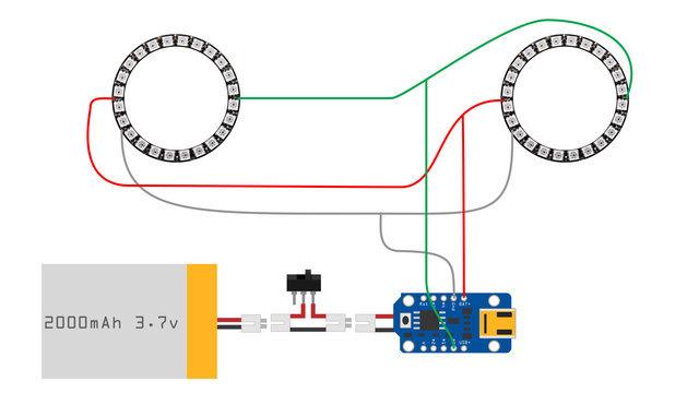 Circuit Diagram Electronics The circuitry is divided into two main sections - The ears and the visor. In this project we're using two micro-controllers and two lithium polymer batteries.