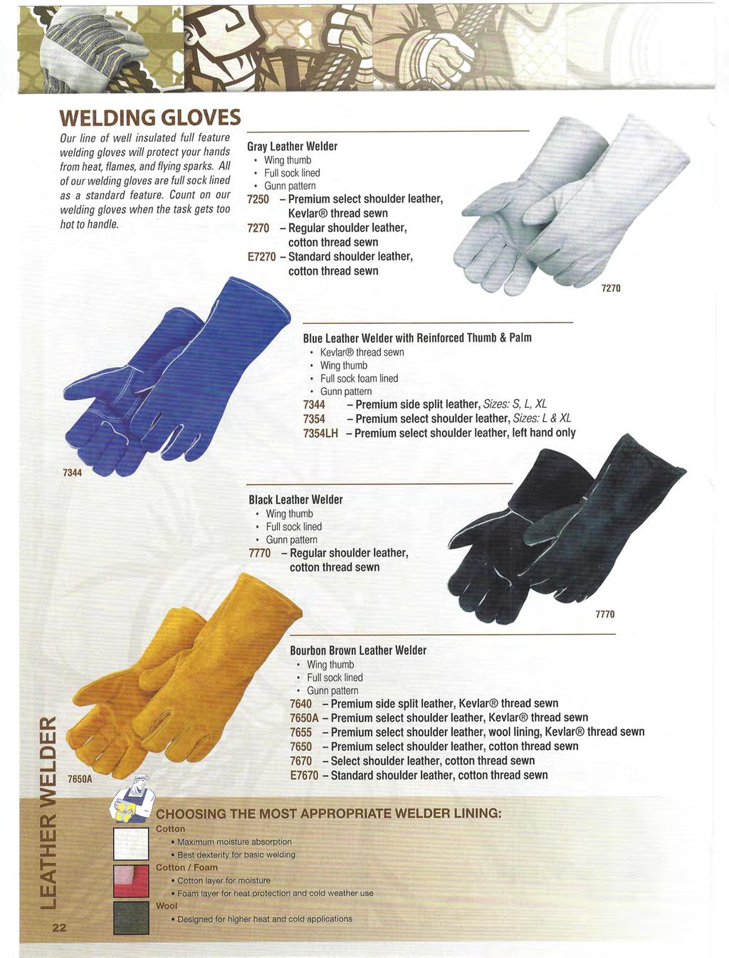 WELDING GLOVES Our line of well insulated full feature welding gloves will protect your hands from heat, flames, and flying sparks. All of our welding gloves are full sock lined as a standard feature.
