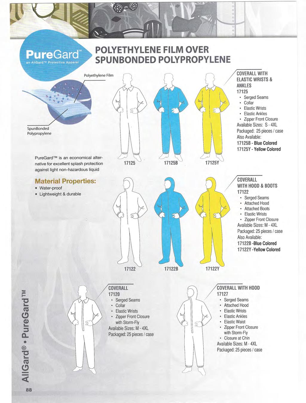 POLYETHYLENE FILM OVER SPUNBONDED POLYPROPYLENE Spun Bonded Polypropylene COVERALL WITH ELASTIC WRISTS & ANKLES 17125 Serged Seams Collar Elastic Wrists Elastic Ankles Zipper Front Closure Available