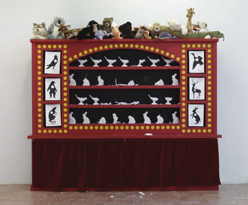 The Shooting Gallery, 2010 Wood furniture, soft toys, objects in clay and papier maché (birds