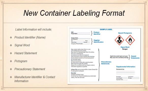 Slide 9 Any container used at work that contains a hazardous chemical must have the correct label for the product and needs to meet the standards regarding labeling