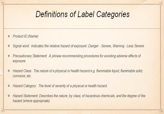 The Globally Harmonized System will include information as shown above. Pictograms will be very useful in helping identify the specific hazards associated with a product.