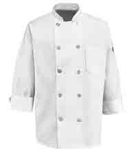 F380DU C350DU SP16WH TEN PEARL BUTTON CHEF COAT Stand-up collar Double breasted with 10 pearl buttons Non-yellowing UV buttons for longlasting whiteness through industrial laundry processing Left