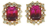 Pink Tourmaline Jewelry #GSJ-2467 18Kt. Yellow Gold earrings with two 6x8mm octagon Pink Tourmalines of 3.43 Cts. TW & twenty-four 2mm round Diamonds of.65 Cts. TW. Post backs. $1,600.00/pr.