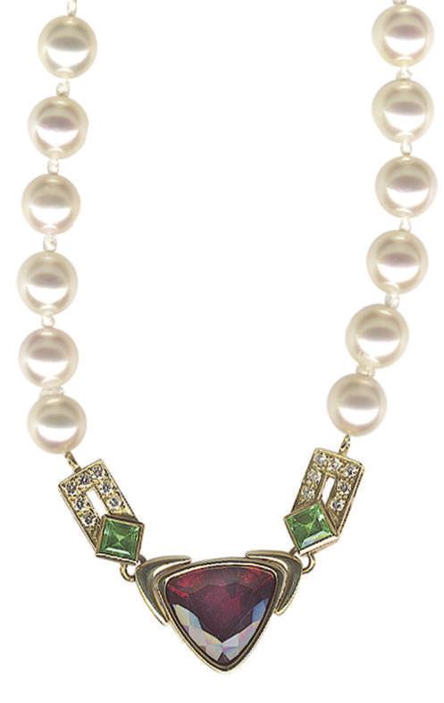 Rubellite Tourmaline Jewelry Clasp Detail #PF-230 22 18Kt. Yellow Gold Necklace with 8.5-9mm AA Quality Akoya Cultured Pearls, trillion Rubellite Tourmaline of 11.79 Cts.