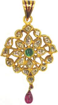 Yellow Gold Kundan Pendant with twenty-two antique Diamonds of 1.50 Cts. TW, Rubellite Tourmaline Drop of 1.10 Cts. & Emerald Cab of.70 Cts. $1,700.00 20/Vol.