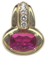 00 #GSJ-1890 18Kt. Yellow Gold Pendant Enhancer with 8x12mm cushion Rubellite Tourmaline of 3.74 Cts. & four 3mm round Diamonds of.34 Cts. TW. $2,500.