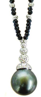 #JCO-260-1 17" Necklace with 13mm White South Sea Cultured Pearl, 3mm faceted Black Spinel Beads & 18Kt.