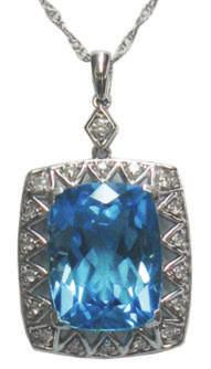 White Gold Necklace with checkerboard faceted 16mm round Sky Blue Topaz of 13.00 cts. and Round Diamonds of.