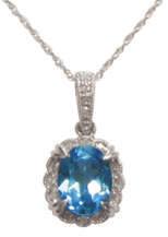 White Gold Necklace & Ring Set with 6mm checkerboard faceted cushion Swiss Blue Topaz & three round Diamonds