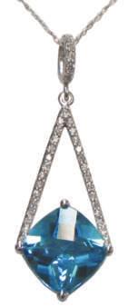 White Gold Necklace with checkerboard faceted 10mm Cushion Swiss Blue Topaz and round Diamonds of.20 cts. TW.