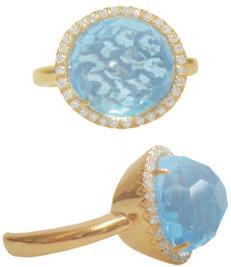 Yellow Gold Lady's Ring with 12mm round faceted Swiss Blue Topaz of 6.00 cts. and round Diamonds of.22 cts. TW by Zoccai Company in Italy. Size 7. $1,200.