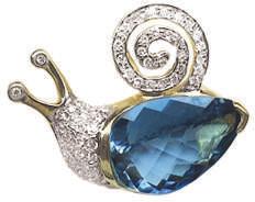 Blue Topaz Jewelry #D&R-20346 18Kt. Yellow Gold Snail Brooch/Pendant with checkeboard 10x15mm pear shape Blue Topaz of 6.24 cts & sixty-one round Diamonds of.50 cts.