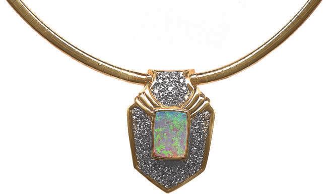 Opal Jewelry #SC-745 17 18Kt. Yellow Gold 3mm wide Omega Necklace with 10x12mm cushion Opal of 2.72 Cts. & round Diamonds of 1.