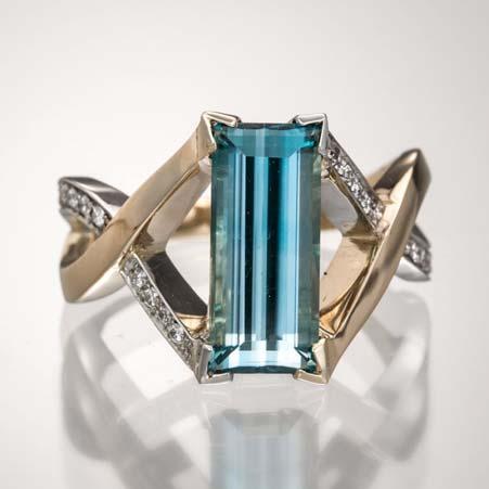 Artist: Mark Schneider Name: Emerald Cut Blue Zircon Center Stone Ring with White Diamonds Item # 8069 ALU: SOW1198 Finger Size 6.