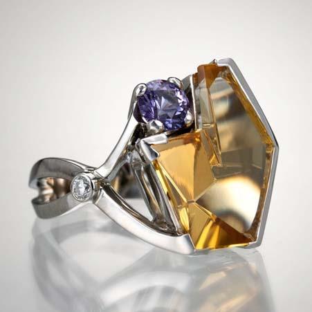 Artist: Mark Schneider Name: Ritmo Cut Citrine Fantasy Ring with Purple Sapphire & White Diamonds Item # 8057 ALU: SOW1195 Finger Size 6.5 Citrine 8.