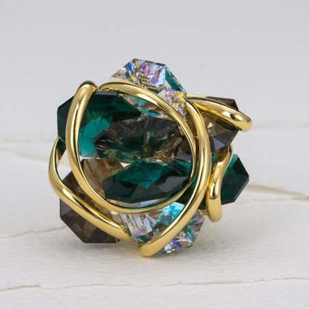 Artist: Monique Name: Multi Crystal Ring with Antique Green, Emerald Green & Golden Teak Swarovski Crystals in Yellow Gold Plate Small Item # 796 ALU: MGRD8 AG EG GT SM Finger Size Small 4 6