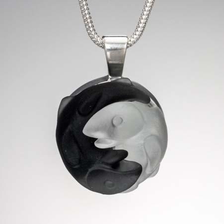 Regular Price: $259 Sale Price: $156 Artist: Bezak Glass Name: Black & White Glass Double Fish Pendant Necklace in Sterling Silver Item # 4077 ALU: SSTWO