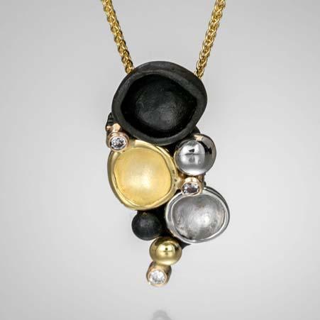 Artist: Sarah Graham Name: Confluence Three Cup Pendant Necklace with Diamonds in Blackened Chrome & Gold Item # 8063 ALU: 10P521GGS 16 inches long 3 Diamonds at 0.