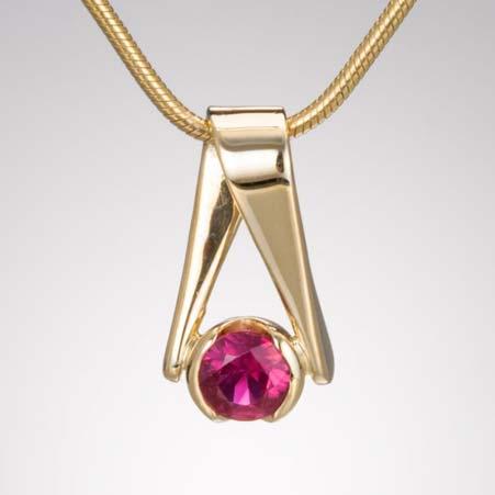 5mm Deep Post At Top Regular Price: $480 Sale Price: $384 Artist: Tom Kruskal Name: Folded Ruby Pendant in 14kt Yellow Gold Item # 4361 ALU: ZM509DGY Ruby Description: 14kt Yellow Gold Hand