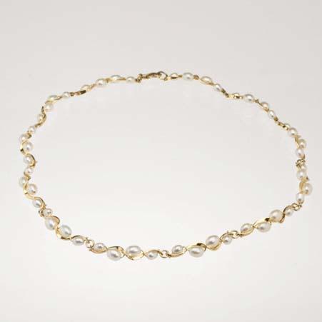 Artist: Tom Kruskal Name: Pearl Ruffle Necklace in 14kt Yellow Gold Item # 2866 ALU: C155P 16 inches long Pearl Description: 14kt Yellow Gold Hand Forged forty Eight Potato Shaped White