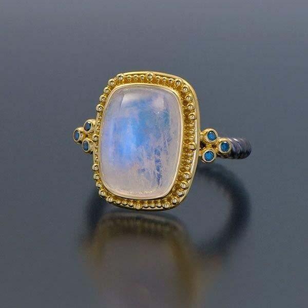 Artist: Zaffiro Name: Etrusco Ring with Moonstone & Teal Diamonds Item # 9444 ALU: R415 Finger Size 7.
