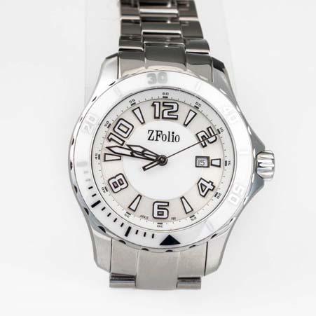 Artist: ZFolio Watches Name: Lady's Seapearl Watch in Stainless Steel with White Ceramic Bezel & White Dial Item # 1455 ALU: A9412 B WHT Round White Face Description: Stainless Steel Round Stainless