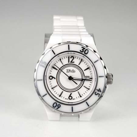 One directional click bezel Luminous dial and hands Details Online Regular Price: $450 Sale Price: $225 Artist: ZFolio Watches Name: Lady's White Ceramic Watch with White Dial & White Bezel Item #