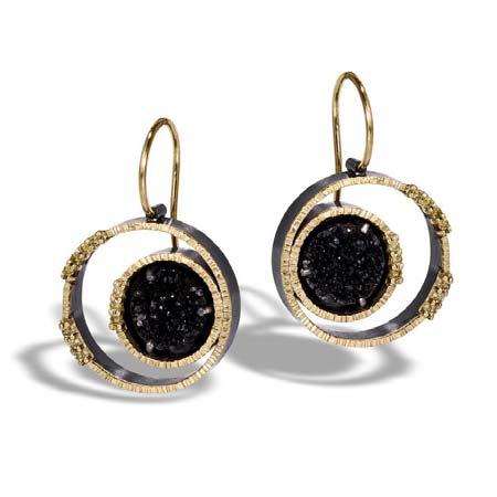 Artist: Elizabeth Garvin Name: Spiral Earrings with Black Druzy & Diamonds Sterling Silver & Yellow Gold Item # 6659 ALU: SPIRAL E3 AU 20 Diamonds at 0.