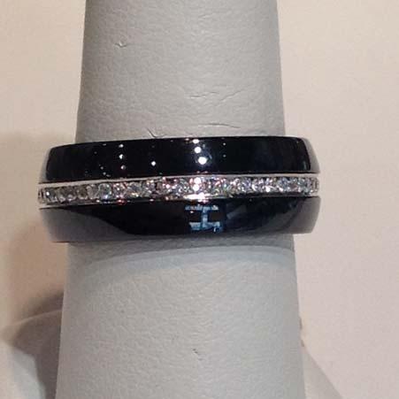 Name: Black Ceramic White Diamond Center Stripe Ring in 18kt White Gold Item # 9294 ALU: ZMCEDDS08BK.