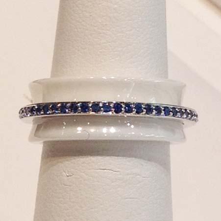 Ceramic 8mm Saturn Band with Blue Sapphires in 18kt White Gold Item # 134 ALU: ZMCERP08W.