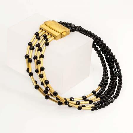 Artist: Bernd Wolf Name: Cleopatra Bracelet with Black Spinel in Vermeil Item # 1352 ALU: 61575496 7 inches long Spinel Description: 23kt Yellow Gold Vermeil five strands tiny round faceted 3mm
