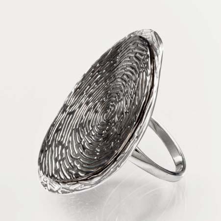 5mm Wide At Widest Point 3mm Deep Regular Price: $155 Sale Price: $78 Artist: Jorge Revilla Name: Large Huella Thumbprint Shield Ring in Sterling Silver & Black Ruthenium Item # 3667 ALU: A114 2249NH