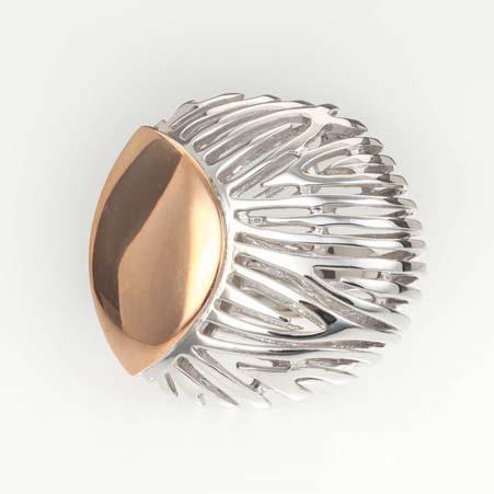 Artist: Jorge Revilla Name: Pod Dome Ring in Sterling Silver & Rose Gold Item # 4739 ALU: A95 19471RH No Gemstone Description: Sterling Silver Rose Gold Plate Rounded Pod Shape With Solid Pink Almond