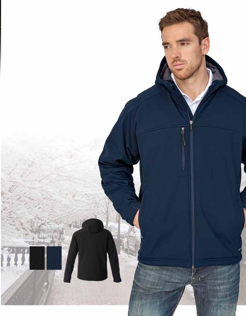 Insulated Soft Shell Jacket with hood 96% polyester / 4% spandex outershell bonded to microfleece which has water repellent and breathable properties.