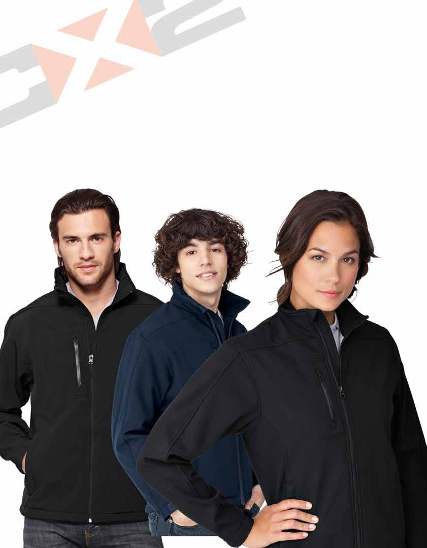 96% polyester / 4% spandex softshell with bonded fleece lining. Active stretch, breathable, wind and waterproof fabric. Adjustable tab closure on cuffs. Two zippered front pockets.