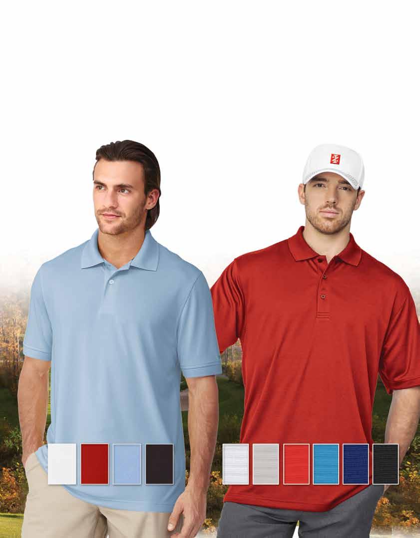 Jersey Solid Polo 100% polyester performance jersey knit, rib collar, and cuffs, moisture wicking, breathable, UPF 15.